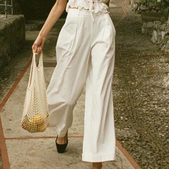 Doen Hilaire Cotton High Waist Wide Leg Cuff Palazzo Pants Trousers Salt White - Picture 6 of 14